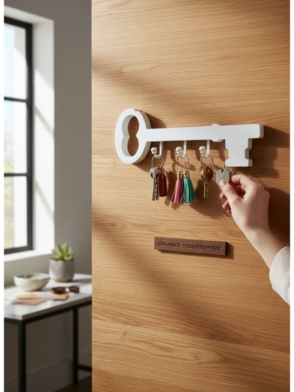 Key-Shaped Wall-Mounted White Key Holder With 4 Hooks For Organizer Décor
